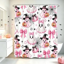 Halloween Shower Curtain Coquette Pink Ghost, White, 47