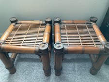 Pair Vintage Chineses Mid-Century Bamboo Tortoise Rattan Stools Boho Benches picture