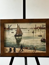 Vintage Harbor Sailboat Oil Painting Signed SANKA Dated 51 Framed Maritime Art picture