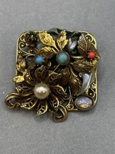 Vintage W Germany Filigree Brooch Pendant - Layered Dragons Breath, Glass, Pearl picture