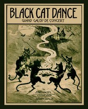5x7 BLACK CAT DANCE Vintage 1916 Halloween witch Art print picture