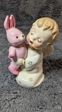 Vintage Ceramic Angel Cherub Holding Pink Bunny Rabbit Figurine Fine A Quality? picture