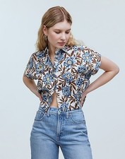 Madewell 100% Linen Button Down Short Sleeve Cropped Shirt Top Blouse Large picture