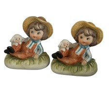 Set Of 2 Vintage Lefton Porcelain Boy With Lamb Fiqurine Figurines picture