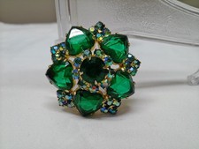 Vintage Unsigned Green & Blue Rhinestone Brooch Inverted Hearts Pin picture