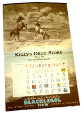 VINTAGE CALENDAR SAN ANDREAS CAL KELLY'S DRUG STORE BLACKLEGOL HORSES 1944 picture