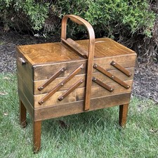 Vintage Strommen Bruk Hamar Norway Mid Century Modern Accordion Wood Sewing Box picture