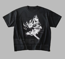 Cool Smoking Cat Graphic T-Shirt Funny Animal Print Retro Style Black Tee picture