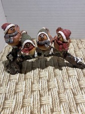 Christmas 4 Birds on Snowy Branch Resin Figurine Winter Hats Scarves Glitter picture