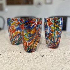 Set of 4 Multicolor pier 1 Confetti Swirl Glass Tumblers Drinking Glasses picture