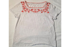 Talbots Petite LP White Orange Floral Embroidered 100% Cotton Boho T-Shirt picture