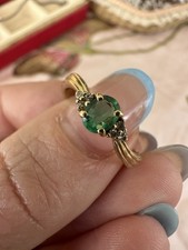9ct Yellow Gold Oval Green Emerald Solitaire with diamonds picture