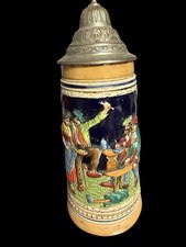 Vintage German Beer Stein DRGM Lid Raised Tavern Scene Foreign 2452 9” picture