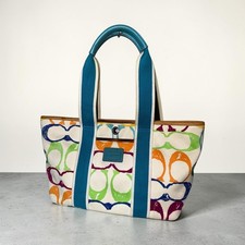 Vintage Coach Scribble Tote 5660 Multicolor Rainbow Canvas Turquoise Y2K Bag picture