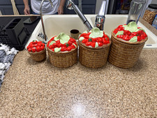Vintage 1970’s Sculpted Ceramic Basket-Weave Strawberry Canister Set 4pc W/  Lid picture