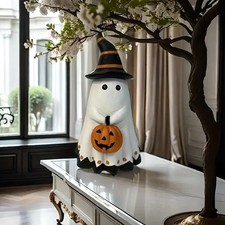 Halloween Ghost Holding Pumpkin Statue – Resin Spooky Witch Hat Decor Figurine picture