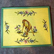 Vintage 1960s Cross Stitch Deer & Floral Border Framed Needlework Embroidery picture