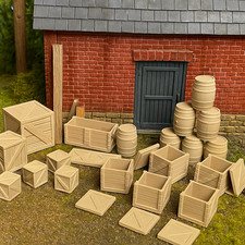 O Scale 1:48 Crates & Barrels Set – 3D Printed Scenery – 25-Piece Rustic Freight picture