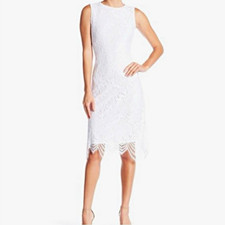 NWT- Sharagano Women's White Floral Lace Sheath Dress With Scalloped Hem picture