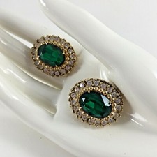 CORO Earrings Green Rhinestone Large Signed Pat Pending Vintage Jewelry Gift picture