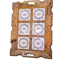 Vintage Hand Carved Wood Serving Tray Ceramic Floral Tiles Boho Farmhouse Decor picture