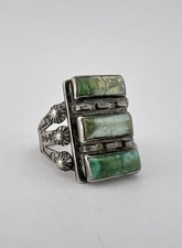 OLD Fred Harvey Era Navajo Sterling Silver 3 Turquoise Stamped Arrow Long Ring picture