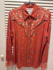 Vintage 70s H Bar C California Ranchwear Midlands Western Shirt Red Floral L picture