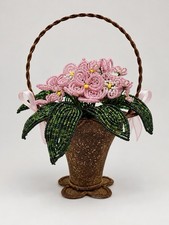 Vintage French Beaded Pink Flower Arrangement in Metal Mesh Basket 7” Tall picture