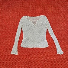 Vintage 90s Crochet Knit Long Sleeve Top Blue Open Weave Tie Front Boho Coquette picture