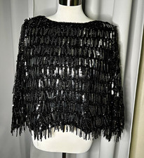 ZARA Women's Black/Silver Sequin Fringe Lined Round Neck 3/4ths Sleeve L picture