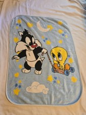 Vintage 1999 Baby Looney Tunes Sylvester Tweety Bird Baby Blanket Blue 33x46 picture