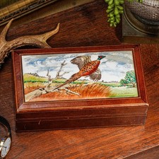 Vintage Hand Painted Porcelain Plaque Pheasant Bird Hunting Theme Leather Box picture
