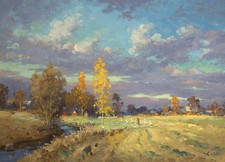 Russian Autumn Landscape with Geese, Village Field, Original Oil on Canvas picture