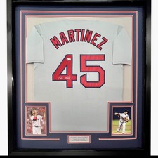 Framed Autographed/Signed Pedro Martinez 35x39 Boston Grey Jersey JSA COA picture