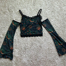 Hot Topic Cosmic Aura Celestial Lace Cold Shoulder Crop Top Bell Sleeve XS Goth  picture