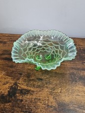 Antique Northwood Green Opalescent Glass Toed Ruffled Bowl Beaded Drapes 9