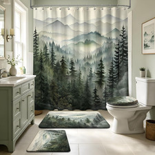 Sage Green Forest Shower Curtain Sets with Rugs, Rustic Bathroom Decor picture