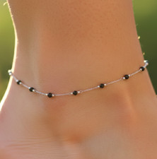 Elegant 925 Silver Plated Black Onyx Bead Anklet Minimalist Boho Chain Design picture