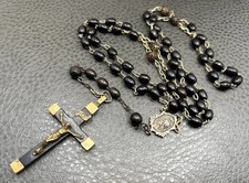 Vintage Catholic Germany Rosary Black / Brown Wood Bead INRI Crucifix Chain 32” picture