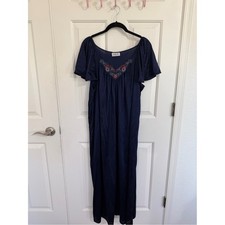 Vintage 80s 90s Vanity Fair Embroidered Muumuu Hostess Gown L USA Navy Blue picture