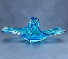 Koshida Japan Vintage Aqua Blue Art Glass Wave Bowl MCM Sculptural Centerpiece picture