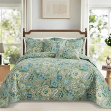 TWINRUN King Size Cotton Quilt Set Vintage Sage Green/Dusty Blue Bedspread picture