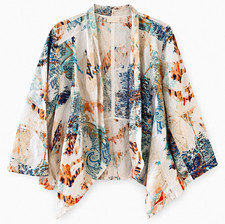 Chico's Linen Paisley Blouse White Blue Orange V-Neck 3/4 Sleeve Button 2 picture
