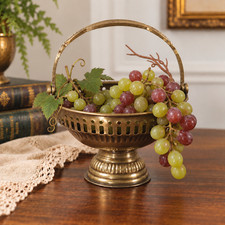 Vtg BRASS Ribbed PEDESTAL COMPOTE Reticulated Basket Folding Swing Handle 6.5