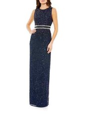Mac Duggal Blue Midnight Sequin Mesh Beaded Waist Column Gown Size 14 $298 picture