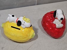 RARE 1966 & 1972 Peanuts Snoopy & Ceramic Banks Lemon & Strawberry W/ Stoppers picture