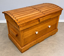 Vintage Oak Cedar Lined Storage Chest Slat Roll Top Drawer Blanket Trunk 35