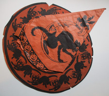 Antique Vintage Halloween Paper Party Hat Germany 2 SIDED Ugly Witch & Cat #2 picture