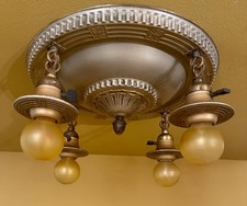 Vintage Lighting 1910s brass 4 bulb pan surface mount. Rewired. picture