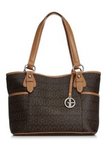  Giani Bernini Block Signature Brown & Tan Faux Leather Tote Bag Zippered picture